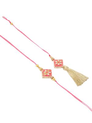 set of 2 handmade pink kundan studded bhaiya bhabhi rakhi set with roli chawal chandan & mishri 2