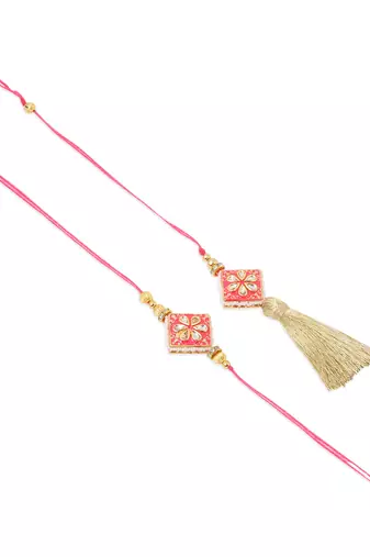 set of 2 handmade pink kundan studded bhaiya bhabhi rakhi set with roli chawal chandan & mishri