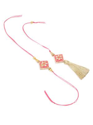 set of 2 handmade pink kundan studded bhaiya bhabhi rakhi set with roli chawal chandan & mishri 3