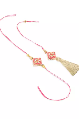 set of 2 handmade pink kundan studded bhaiya bhabhi rakhi set with roli chawal chandan & mishri