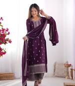 Beautiful Pure Chinon Silk Fabric Straight Fit Kurta With Dupatta Trousers