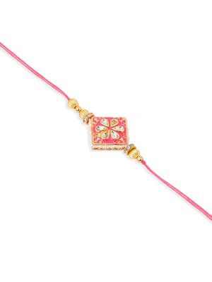 set of 2 handmade pink kundan studded bhaiya bhabhi rakhi set with roli chawal chandan & mishri 4