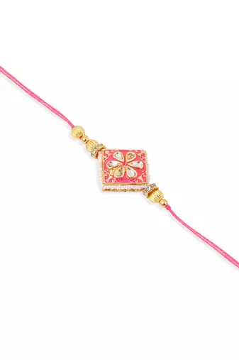 set of 2 handmade pink kundan studded bhaiya bhabhi rakhi set with roli chawal chandan & mishri