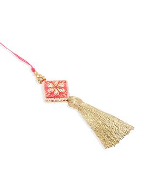 set of 2 handmade pink kundan studded bhaiya bhabhi rakhi set with roli chawal chandan & mishri 5