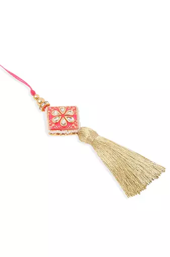 set of 2 handmade pink kundan studded bhaiya bhabhi rakhi set with roli chawal chandan & mishri