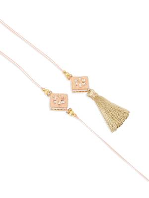 set of 2 handmade peach kundan studded bhaiya bhabhi rakhi set with roli chawal chandan & mishri 2