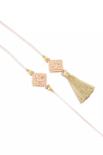 set of 2 handmade peach kundan studded bhaiya bhabhi rakhi set with roli chawal chandan & mishri