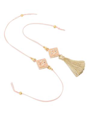 set of 2 handmade peach kundan studded bhaiya bhabhi rakhi set with roli chawal chandan & mishri 3