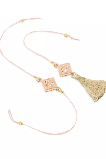 set of 2 handmade peach kundan studded bhaiya bhabhi rakhi set with roli chawal chandan & mishri