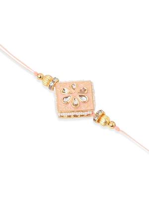 set of 2 handmade peach kundan studded bhaiya bhabhi rakhi set with roli chawal chandan & mishri 4