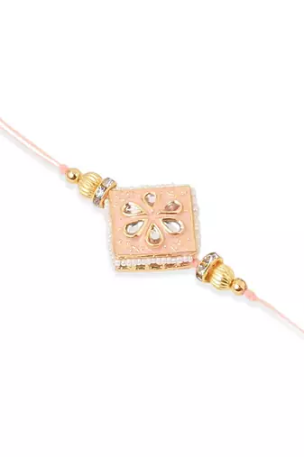set of 2 handmade peach kundan studded bhaiya bhabhi rakhi set with roli chawal chandan & mishri