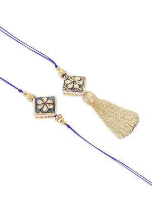 set of 2 handmade blue kundan studded bhaiya bhabhi rakhi set with roli chawal chandan & mishri 2