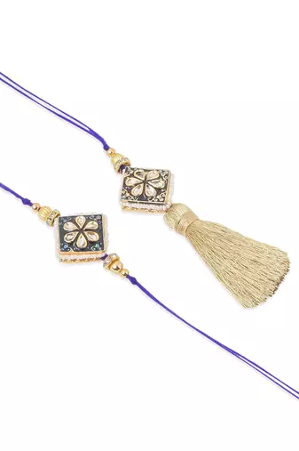 set of 2 handmade blue kundan studded bhaiya bhabhi rakhi set with roli chawal chandan & mishri
