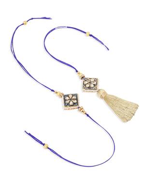 set of 2 handmade blue kundan studded bhaiya bhabhi rakhi set with roli chawal chandan & mishri 3