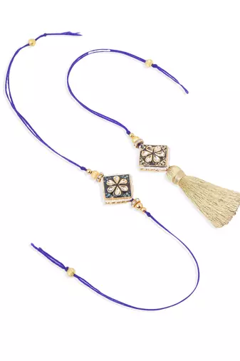 set of 2 handmade blue kundan studded bhaiya bhabhi rakhi set with roli chawal chandan & mishri