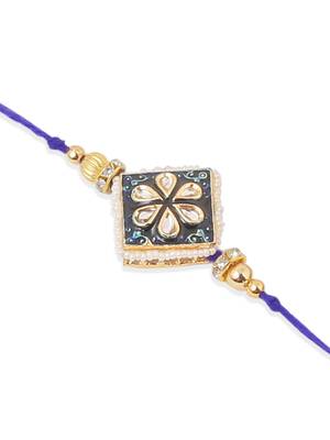 set of 2 handmade blue kundan studded bhaiya bhabhi rakhi set with roli chawal chandan & mishri 5