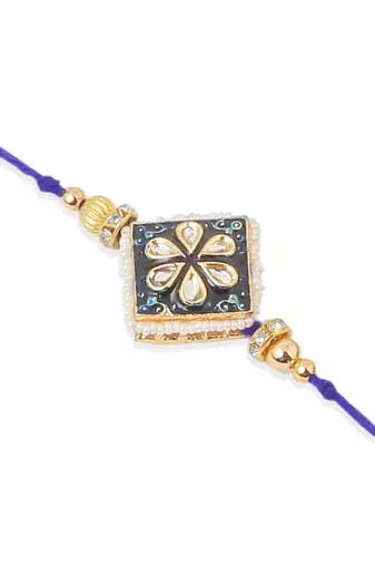 set of 2 handmade blue kundan studded bhaiya bhabhi rakhi set with roli chawal chandan & mishri