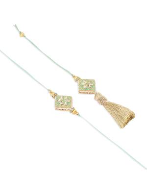 set of 2 handmade sea green kundan studded bhaiya bhabhi rakhi set with roli chawal chandan & mishri 2