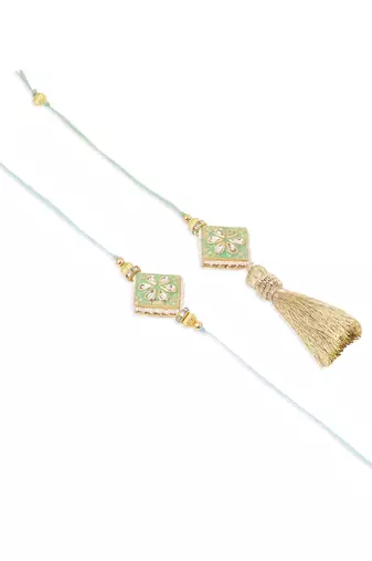 set of 2 handmade sea green kundan studded bhaiya bhabhi rakhi set with roli chawal chandan & mishri