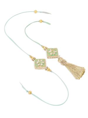 set of 2 handmade sea green kundan studded bhaiya bhabhi rakhi set with roli chawal chandan & mishri 3