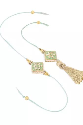 set of 2 handmade sea green kundan studded bhaiya bhabhi rakhi set with roli chawal chandan & mishri