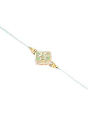 set of 2 handmade sea green kundan studded bhaiya bhabhi rakhi set with roli chawal chandan & mishri 4
