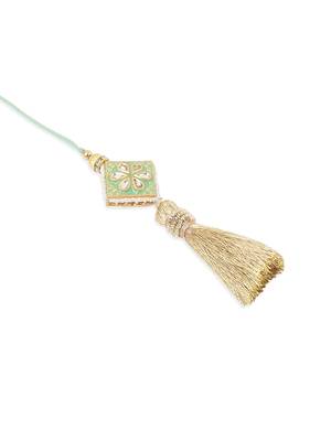set of 2 handmade sea green kundan studded bhaiya bhabhi rakhi set with roli chawal chandan & mishri 5