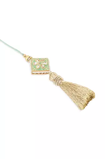 set of 2 handmade sea green kundan studded bhaiya bhabhi rakhi set with roli chawal chandan & mishri
