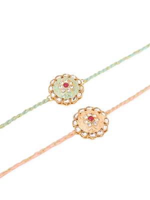 men set of 2 peach & green kundan studded round floral design rakhi with roli chawal chandan & mishri 2