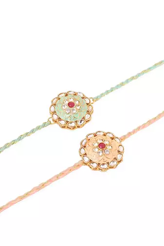 men set of 2 peach & green kundan studded round floral design rakhi with roli chawal chandan & mishri