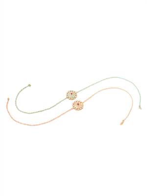 men set of 2 peach & green kundan studded round floral design rakhi with roli chawal chandan & mishri 3