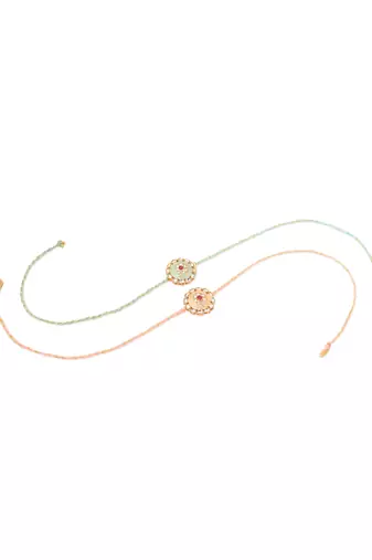 men set of 2 peach & green kundan studded round floral design rakhi with roli chawal chandan & mishri