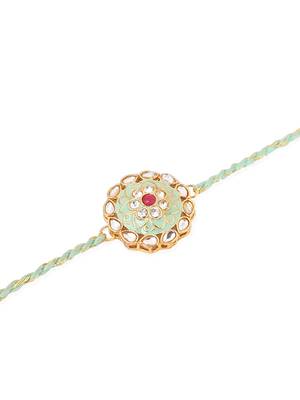 men set of 2 peach & green kundan studded round floral design rakhi with roli chawal chandan & mishri 4