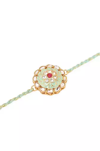 men set of 2 peach & green kundan studded round floral design rakhi with roli chawal chandan & mishri