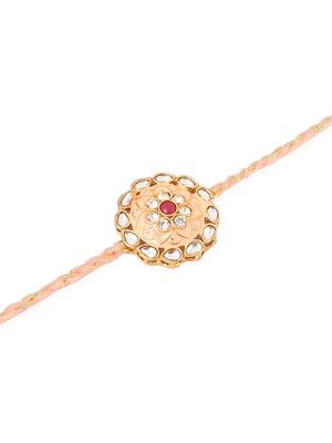 men set of 2 peach & green kundan studded round floral design rakhi with roli chawal chandan & mishri 5
