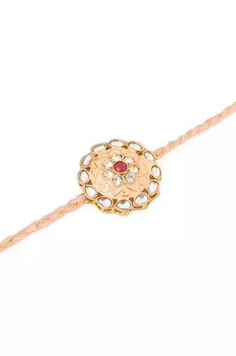 men set of 2 peach & green kundan studded round floral design rakhi with roli chawal chandan & mishri