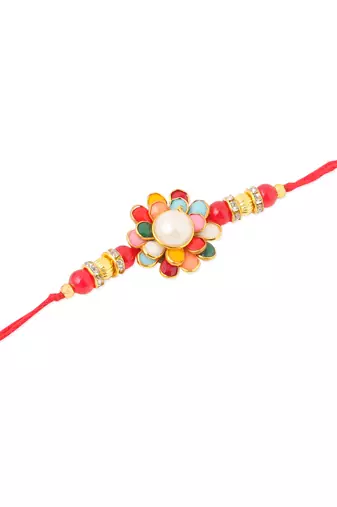 men multicolor beads & pearls floral design thread rakhi roli chawal chandan & mishri