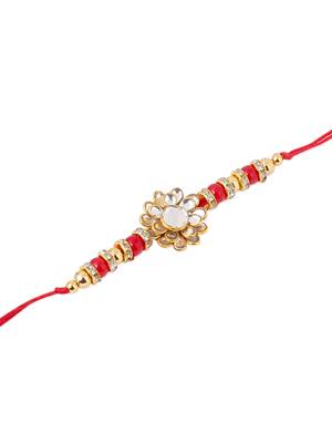 men red kundan studded floral design thread rakhi with roli chawal chandan & mishri 3