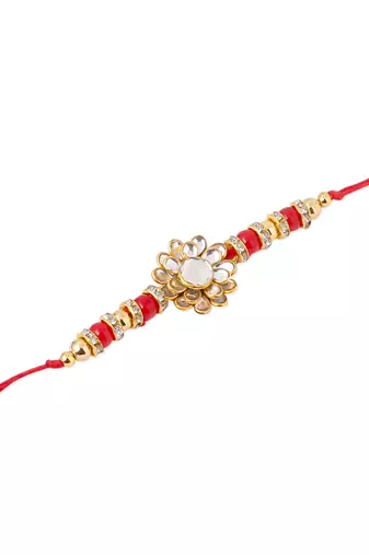 men red kundan studded floral design thread rakhi with roli chawal chandan & mishri