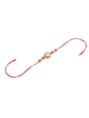 men red kundan studded floral design thread rakhi with roli chawal chandan & mishri 4