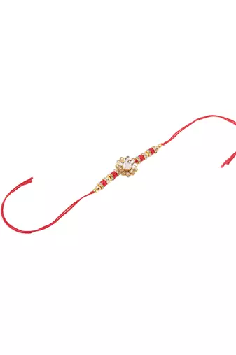 men red kundan studded floral design thread rakhi with roli chawal chandan & mishri