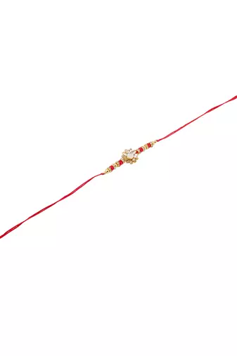 men red kundan studded floral design thread rakhi with roli chawal chandan & mishri