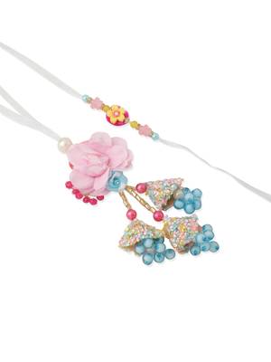 set of 2 multicolor artificial beads floral design bhaiya bhabhi rakhi with roli chawal chandan & mishri 3