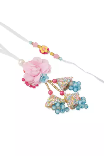 set of 2 multicolor artificial beads floral design bhaiya bhabhi rakhi with roli chawal chandan & mishri