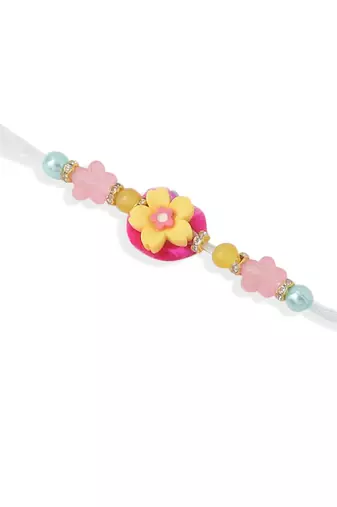 set of 2 multicolor artificial beads floral design bhaiya bhabhi rakhi with roli chawal chandan & mishri