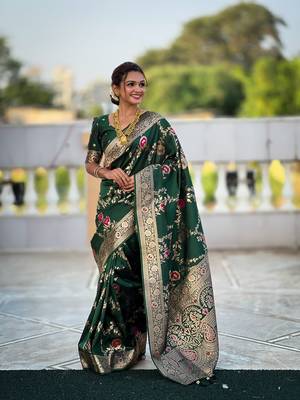 Green soft banarasi silk blend meenakari weaving saree with unstitched blouse 1