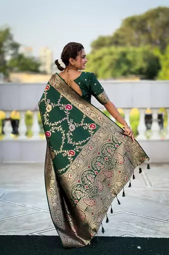 Green soft banarasi silk blend meenakari weaving saree with unstitched blouse