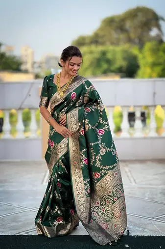 Green soft banarasi silk blend meenakari weaving saree with unstitched blouse