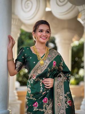 Green soft banarasi silk blend meenakari weaving saree with unstitched blouse 4
