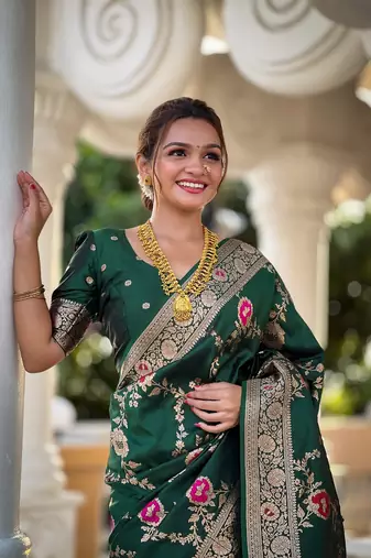 Green soft banarasi silk blend meenakari weaving saree with unstitched blouse
